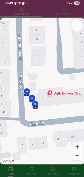 Map view showing rider locations and weather along a club ride route